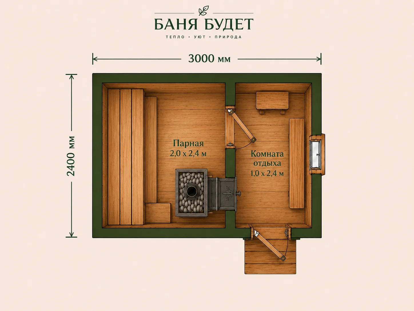 Планировка готовой бани 3×2,4 м