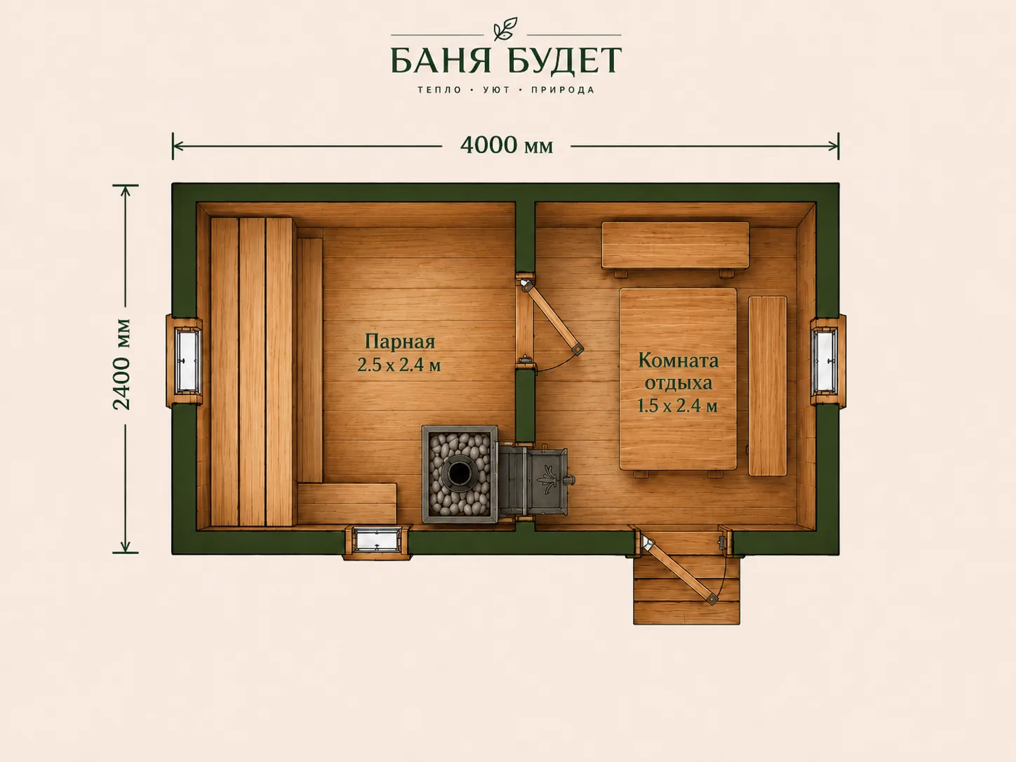 Планировка готовой бани 4×2,4 м